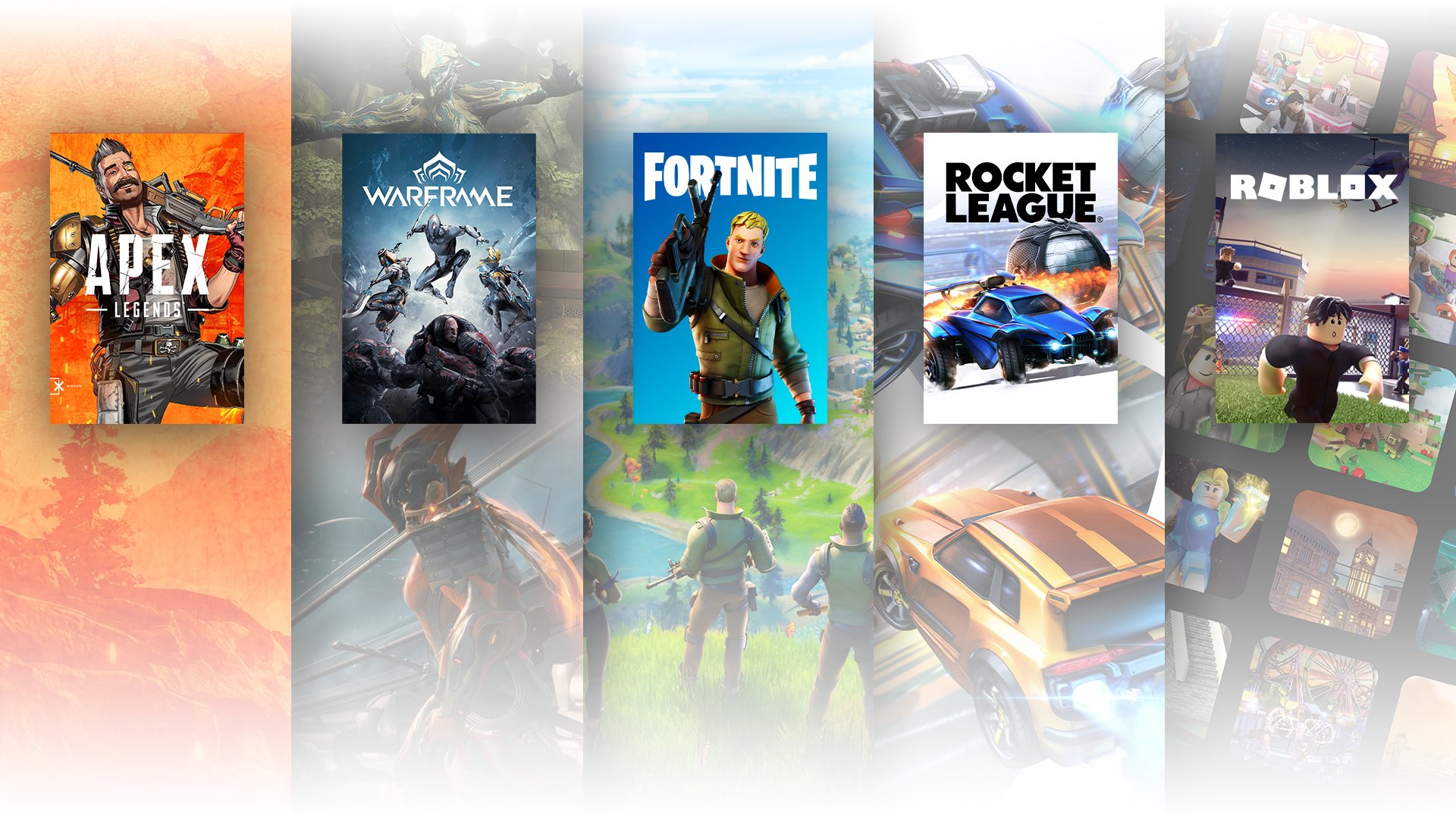 La imagen muestra la portada de Apex, Warframe, Fortnite, Rocket League y Roblox. 