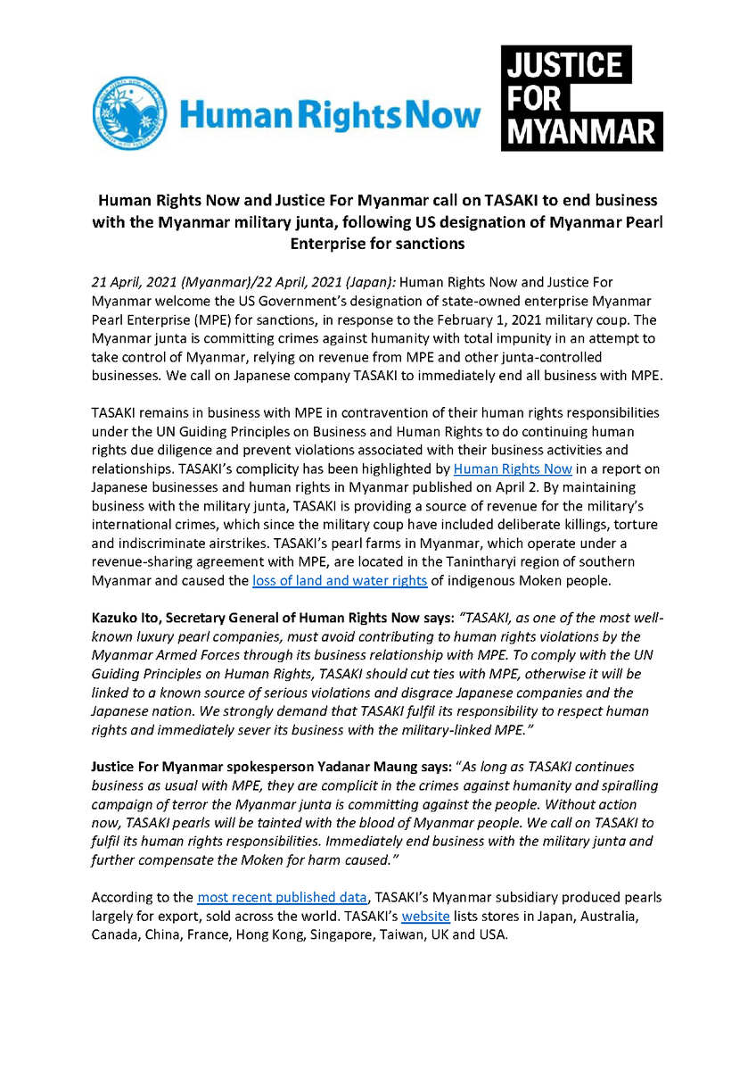 JusticeMyanmar's tweet photo. Joint Press Release📣Human Rights Now &amp; Justice For Myanmar call on TASAKI to end biz w/ the #Myanmar military junta, following US designation of Myanmar Pearl Enterprise for sanctions. W/o action now, TASAKI pearls will be tainted w/ the blood of Myanmar people🩸 #BizHumanRights https://t.co/imT3TDnqln