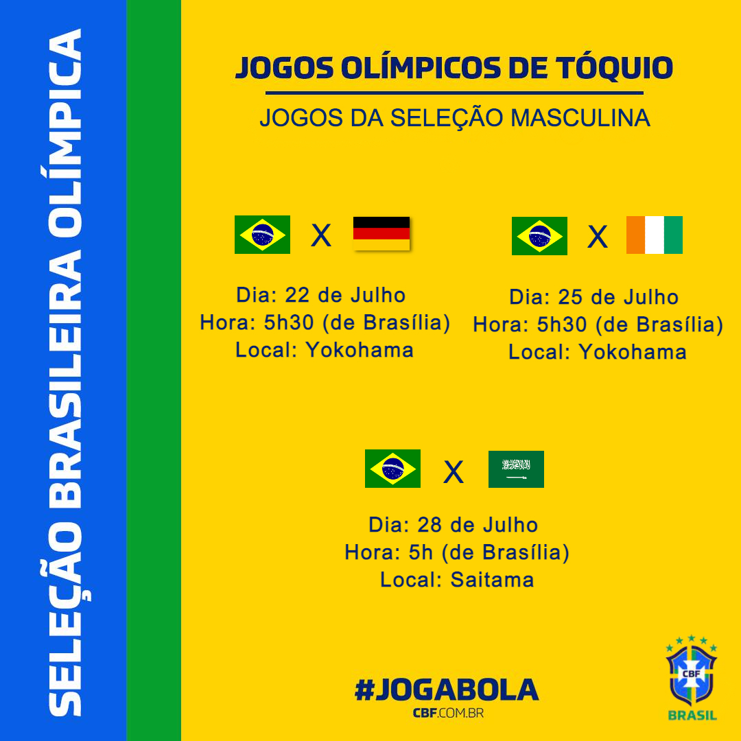 CBF Futebol on X: Já anotou na agenda os jogos da #SeleçãoOlímpica em  Tóquio? A caminhada em busca do ouro começa dia 22 de julho!   / X