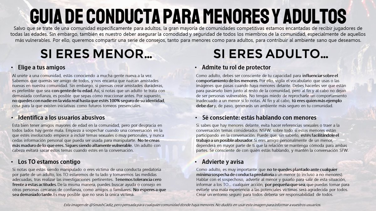 En Smash Cadiz, tratamos de crear una comunidad donde todos y todas puedan sentirse cómodos. Por ello, para garantizar la seguridad de uno de los colectivos más vulnerables: los menores, hemos desarrollado esta guía de conducta para hacer de cualquier comunidad un lugar seguro.