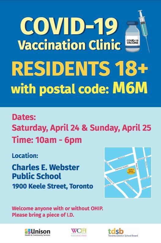 Residents 18+ living in M6M postal code can get their vaccine this weekend at Charles E Webster! #YSW #MountDennis #Keelesdale
➡️No appointment necessary
➡️Open to those with or without OHIP
➡️Bring 1 piece of ID
