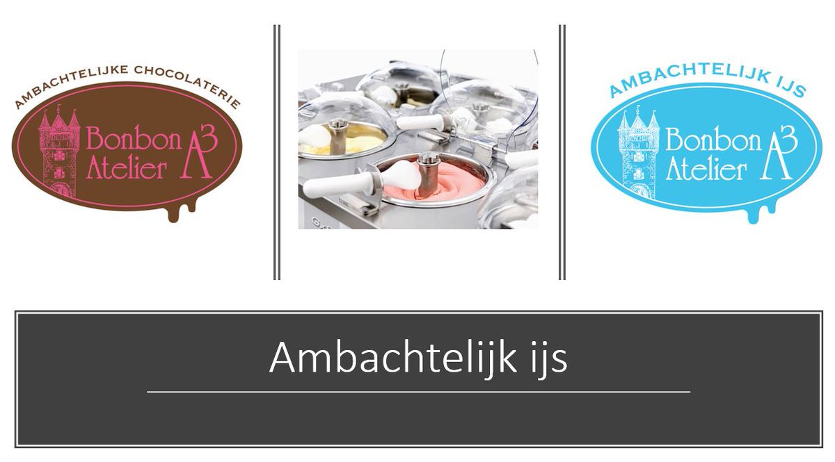 Bonbon Atelier A3 
Meer dan alleen chocolade!
Vol trots willen wij met jullie delen dat wij gaan uitbreiden.
Na een kleine verbouwing  (onze winkel blijft gewoon geopend), zullen wij vanaf 21 mei naast chocolade ook zelf ambachtelijk ijs gaan maken en verkopen. #ambacht  #ijs