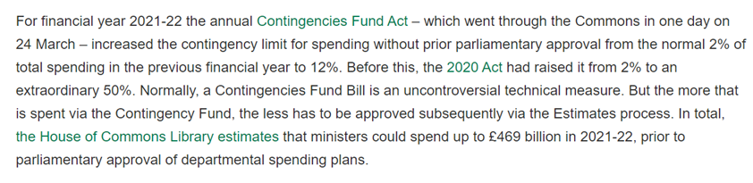 3. Money. Historically, the Commons built its influence on "the power of the purse": its control over the supply of money to the govt. Yet "unlike in other parliaments", there have been "no special oversight measures...to deal with the huge spending pressures posed by the crisis"