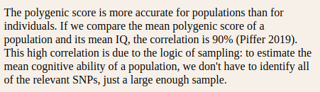 Additionally there's a case of the ecological fallacy in citing Piffer's work. The correlation observed at the population level is better explained as an artifact of polygenic score bias in non-European samples, like I explain in my article & has been argued by many researchers.
