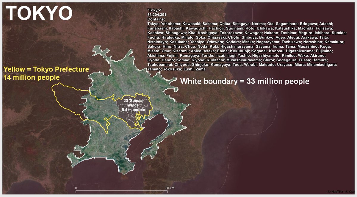 and finally* - here are three different 'Tokyos', but as you can see, the '23 Special Wards' would be too tight a definition for a true 'urban area' population - for comparison, the 23 Special Wards of Tokyo cover 620 sq km and Greater London covers just under 1,600 sq km*maybe