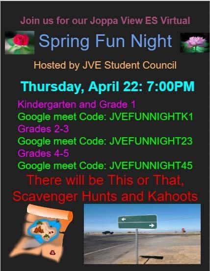 The JVE Student Council invites Joppa View families to attend our Spring Fun Night! We can’t wait to see our Blue Jays for a night of virtual fun!