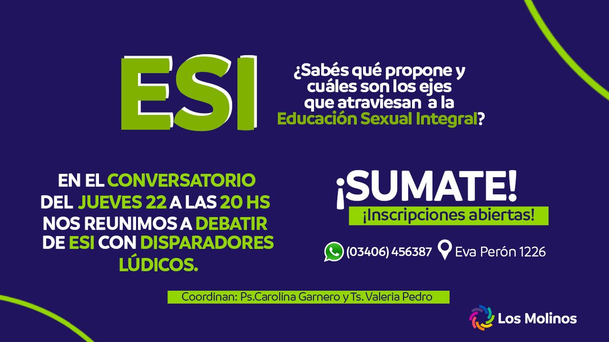 LosMolinosede's tweet photo. En los conversatorios ya realizados en el espacio surgió como temática a tratar la 👉Educación Sexual Integral⁣
⁣Te interesa saber más y debatir sobre este tema?⁣Inscribite!😀
⁣
 #ESI #educacionsexualintegral #losmolinossanjorge #sanjorgesantafe #espaciodeencuentrosanjorge⁣ https://t.co/g4oNHgGUjQ
