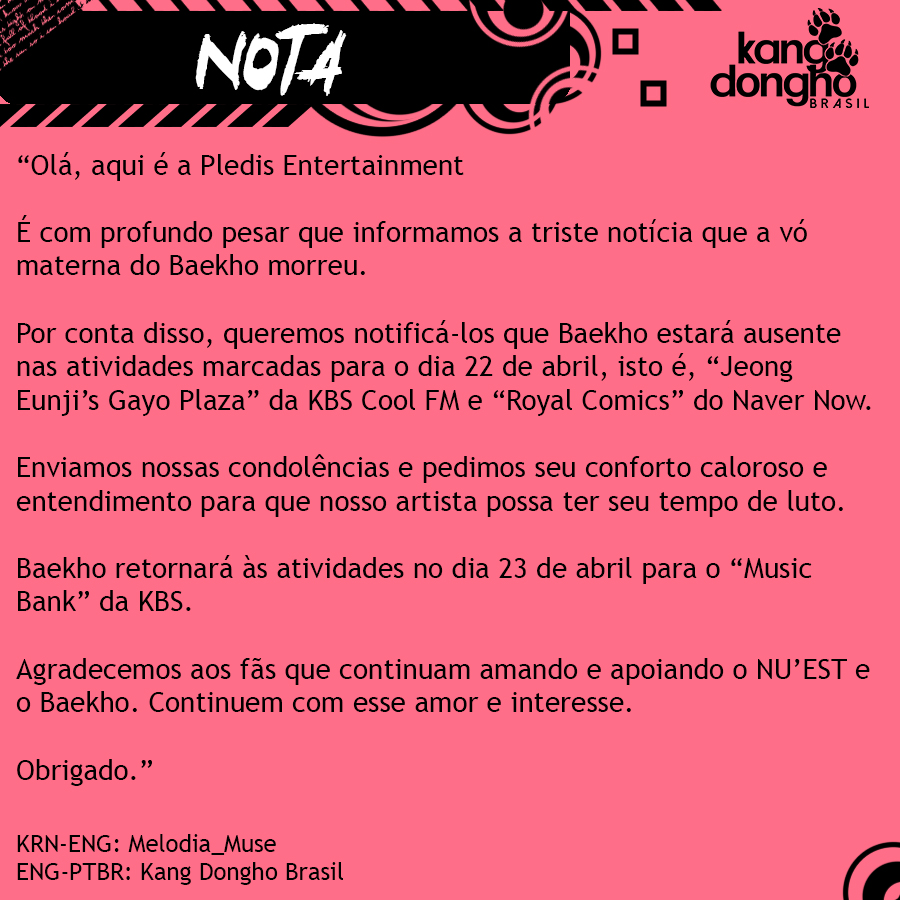 baekhobrasil's tweet photo. [🐯] 21.04.2021 - Nota sobre a ausência do Baekho nas atividades do dia 22 de abril 

#뉴이스트 #NUEST #백호 
@NUESTNEWS https://t.co/eMKkUuLomb