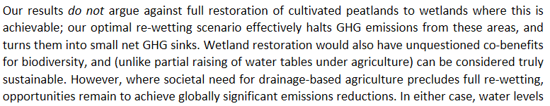 Our results are not an argument against rewetting, but it would be impossible to cease all agriculture on drained peatlands. For these cases, we suggest that changing water management could still be beneficial. (6/6)