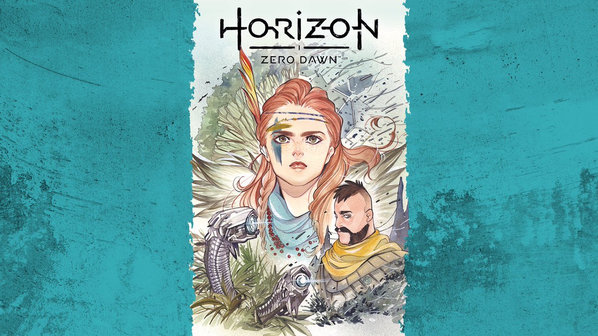 Cover of the first issue for part 2 of the Horizon Zero Dawn comic series. An illustration of Aloy, Erend and 2 Watchers