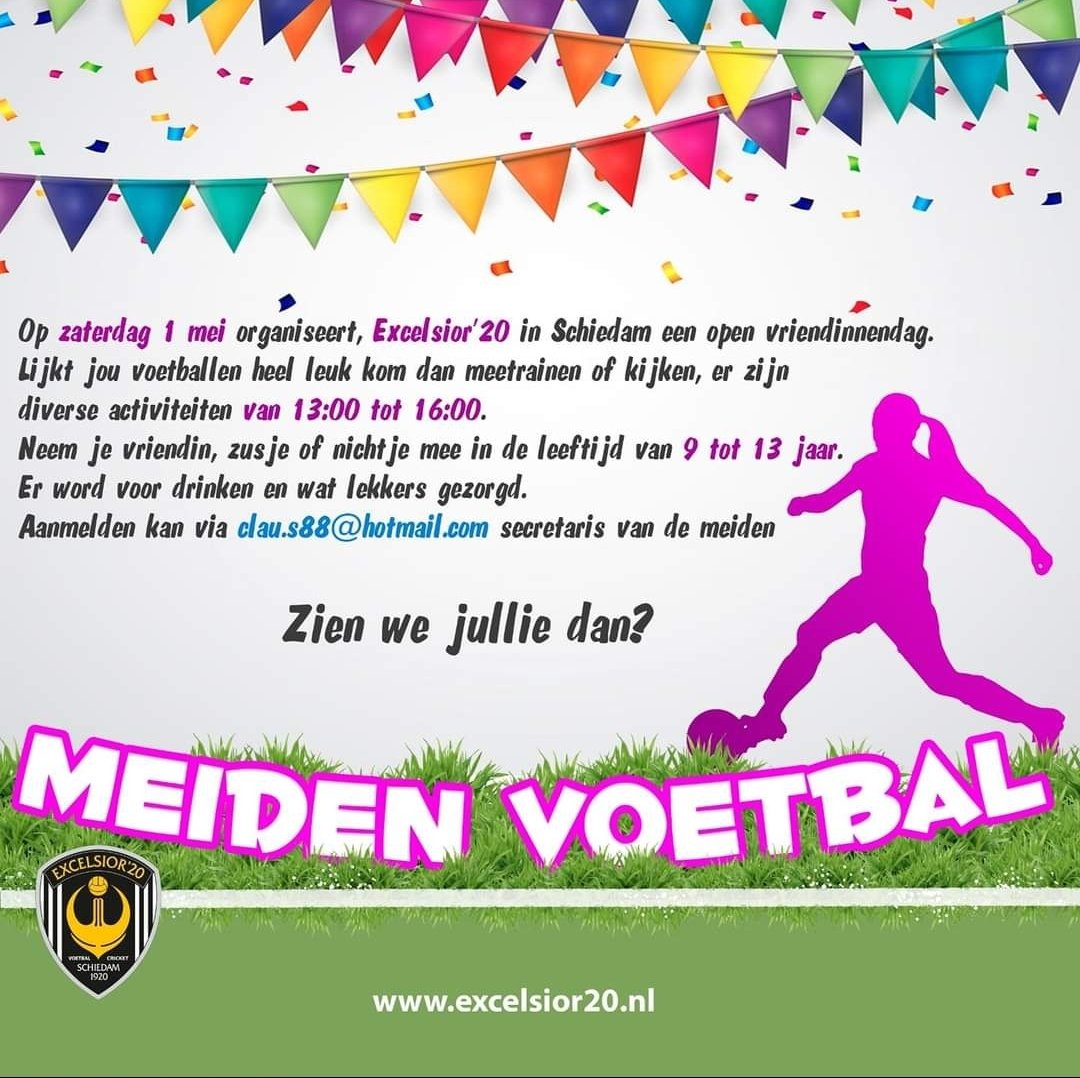 Excelsior'20.⚽🏏 (@excelsior20) on Twitter photo BREAKING!
OPEN VRIENDINNENDAG OP ZATERDAG 1 MEI!
Graag delen! En komen natuurlijk!
<a href="/waterwegsport/">WaterwegSport.nl</a> <a href="/Voetbalr/">VoetbalRotterdam.nl</a> @NieuweStadsblad <a href="/LSchiedam/">Lekker Bezig Schiedam</a> @schieonline <a href="/Schiedams/">De Schiedammer</a> <a href="/KNVBWest2/">KNVB West 2</a> BREAKING!
OPEN VRIENDINNENDAG OP ZATERDAG 1 MEI!
Graag delen! En komen natuurlijk!
<a href="/waterwegsport/">WaterwegSport.nl</a> <a href="/Voetbalr/">VoetbalRotterdam.nl</a> @NieuweStadsblad <a href="/LSchiedam/">Lekker Bezig Schiedam</a> @schieonline <a href="/Schiedams/">De Schiedammer</a> <a href="/KNVBWest2/">KNVB West 2</a>