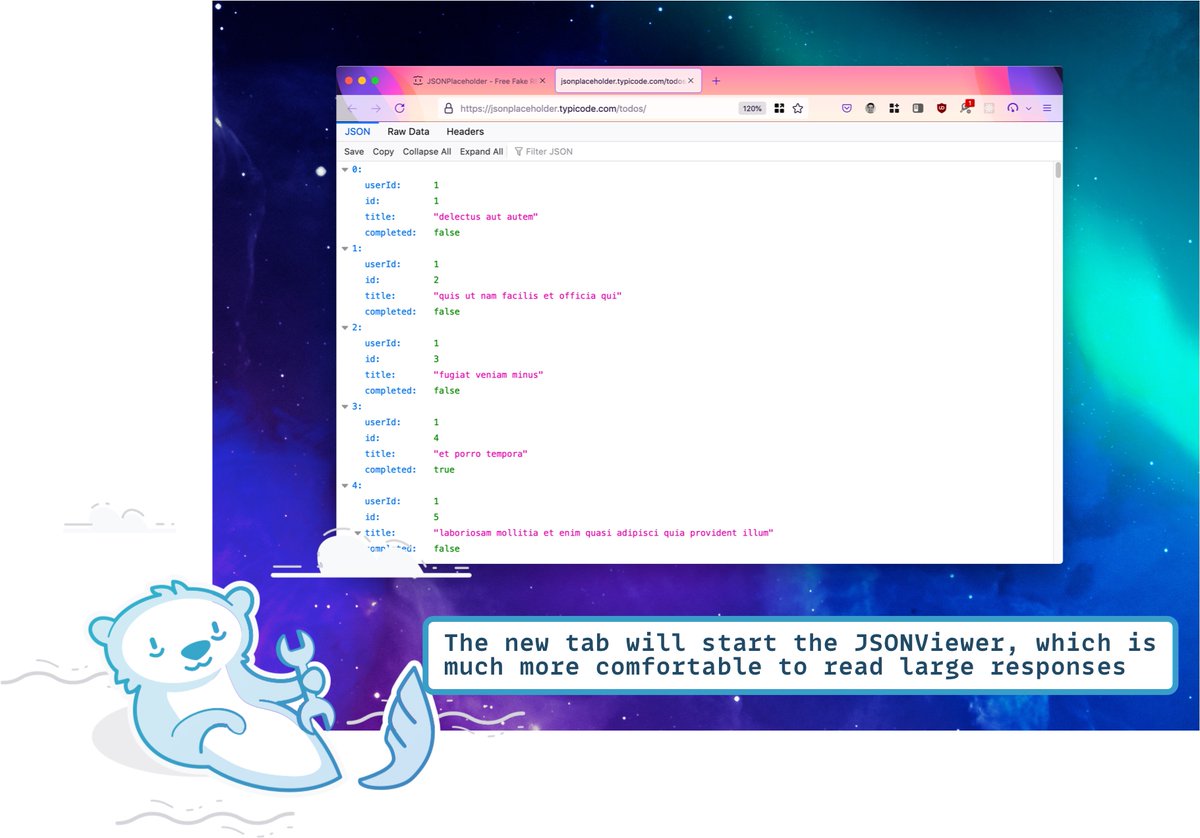 The JSONViewer showing the same response as before, in a separate tab where it takes all the available space. A text bubble has the following text: "The new tab will start the JSONViewer, which is much more comfortable to read large responses"