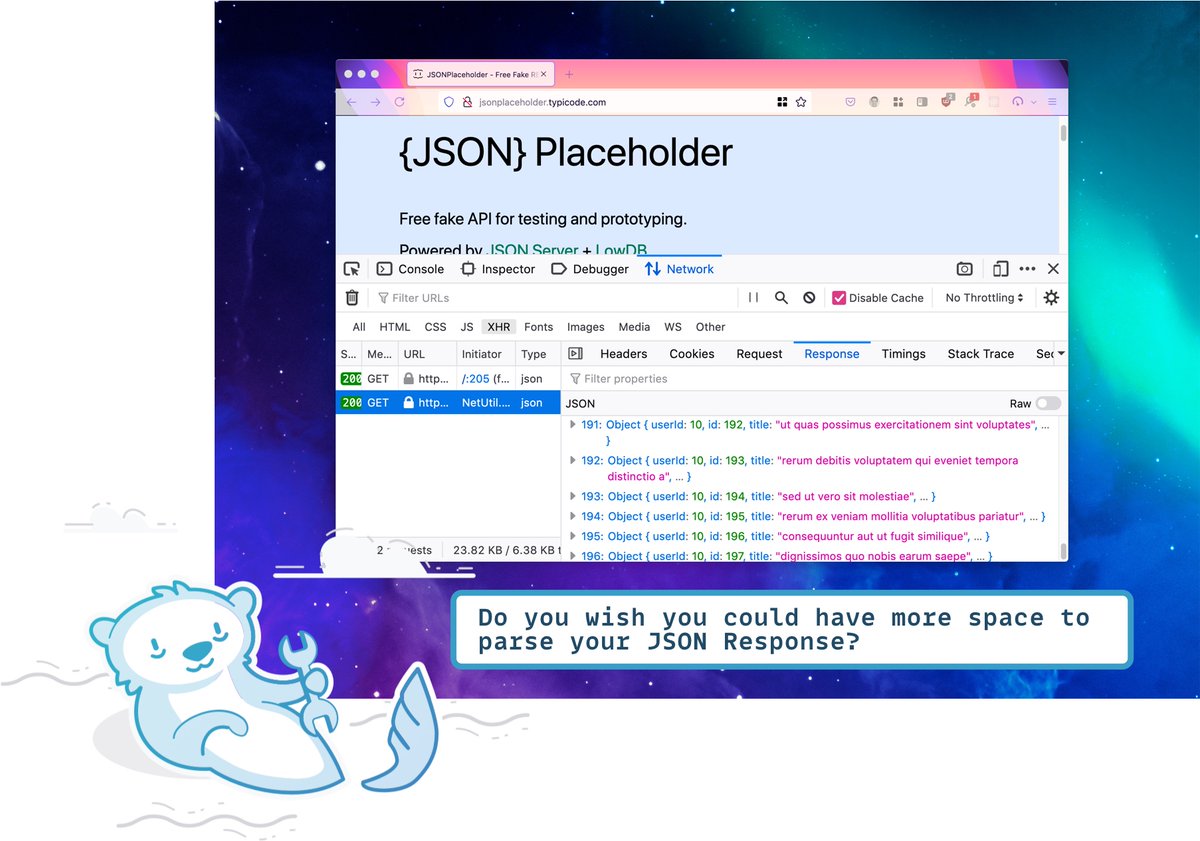 Netmonitor in Firefox DevTools showing the detail of a JSON response. A text bubble has the following text: "Do you wish you could have more space to parse your JSON Response?"