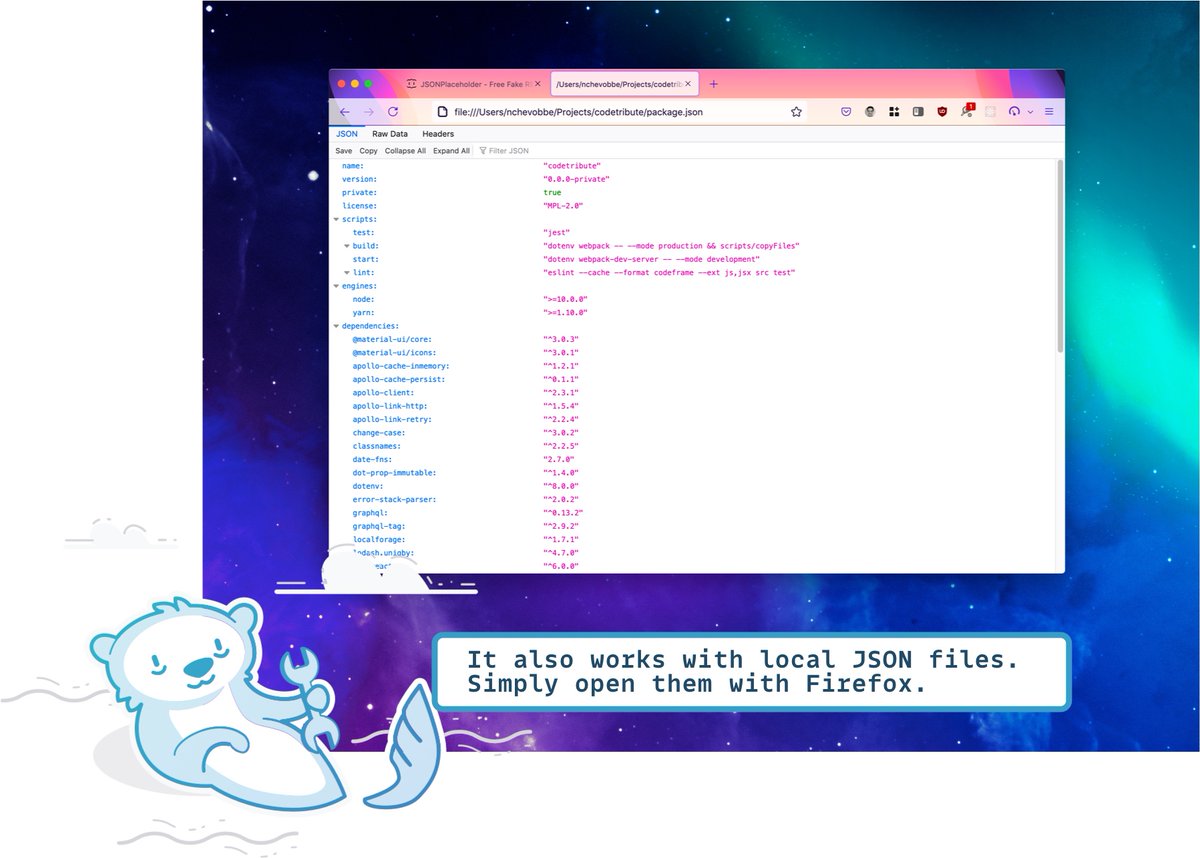 The JSONViewer displaying a local package.json file. A text bubble has the following text: "It also works with local JSON files. Simply open them with Firefox."
