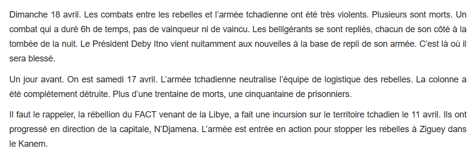 Un récent article va dans ce sens, en situant la contre-offensive du  #FACT au petit matin. Le même article remonte aussi le fil des événements, en signalant que c'est la colonne de rebelles presque complètement neutralisée la veille, qui est revenue... https://www.ialtchad.td/journal/item/629-comment-est-mort-le-soldat-deby-itno.html