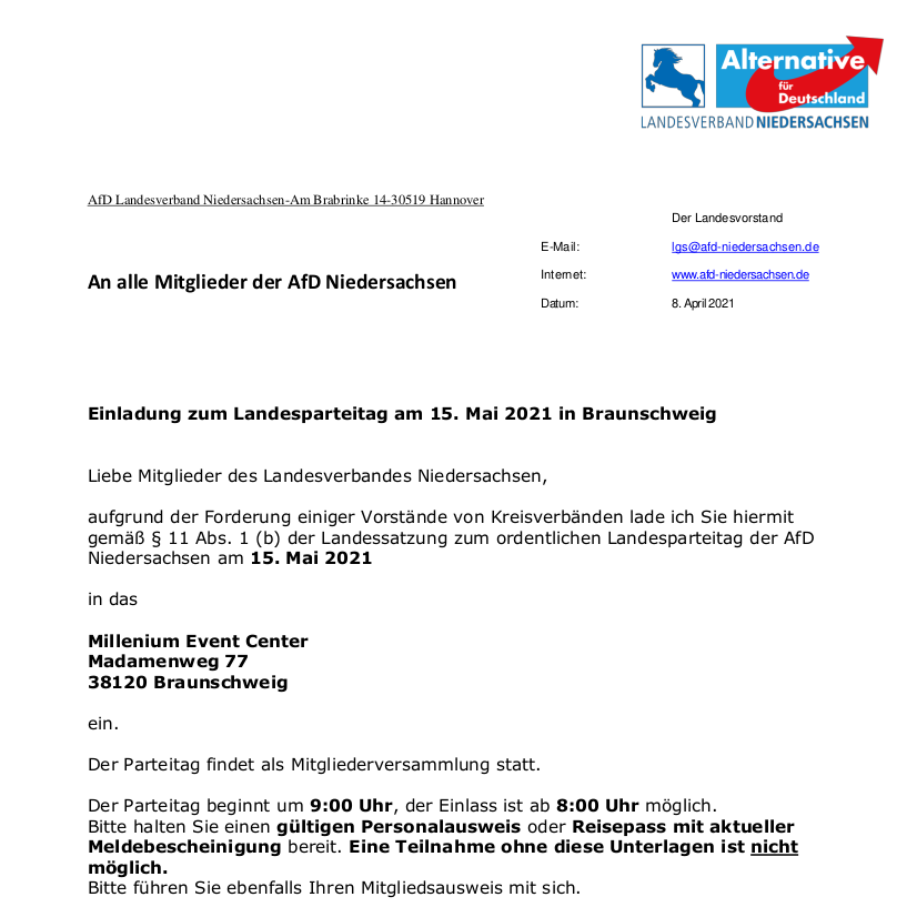 doku_nKuhn's tweet photo. Nachdem min. ein Drittel Vorstände der #Kreisverbände der #AfD #Niedersachsen mit einem Antrag in die #Geschäftsstelle der AfD einen ordentlichen #Landesparteitag forderten, soll der #LPT am 15.Mai 2021 ab 09 Uhr in #Braunschweig im Millenium Event Center statt finden. https://t.co/6qd7a25kFu