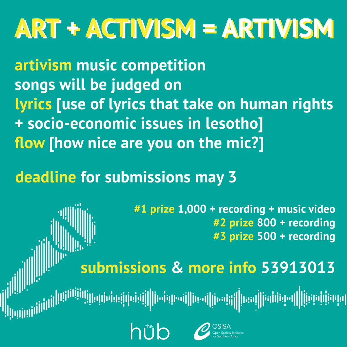#ARTIVISM music competition!

Judged on LYRICS + FLOW
JUDGES [Sadon + Queen Mo + artists from #NTHOETJENA youtu.be/emyzbZ6AuM4] 

Submissions due May 3 via link or mp3 + lyrics to 53913013 or thehubmorija@gmail.com

TOP 5 will perform via Zoom

#LESOTHO #HUMANRIGHTS #COVID19