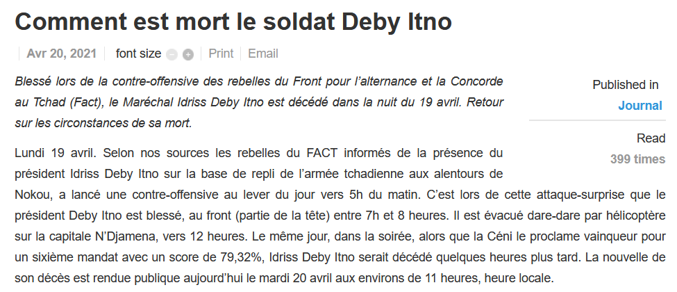 Un récent article va dans ce sens, en situant la contre-offensive du  #FACT au petit matin. Le même article remonte aussi le fil des événements, en signalant que c'est la colonne de rebelles presque complètement neutralisée la veille, qui est revenue... https://www.ialtchad.td/journal/item/629-comment-est-mort-le-soldat-deby-itno.html