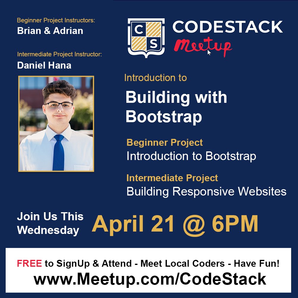 CodeStackStkn's tweet image. Join Us Tonight! CodeStack Virtual Meetup - Building with Bootstrap. We have two classes tonight, Introduction to Bootstrap and Creating Responsive Websites Using Bootstrap. This is a great opportunity for all ages to learn to code. #SJCOE #GirlsWhoCode #CodeStack #Bootstrap