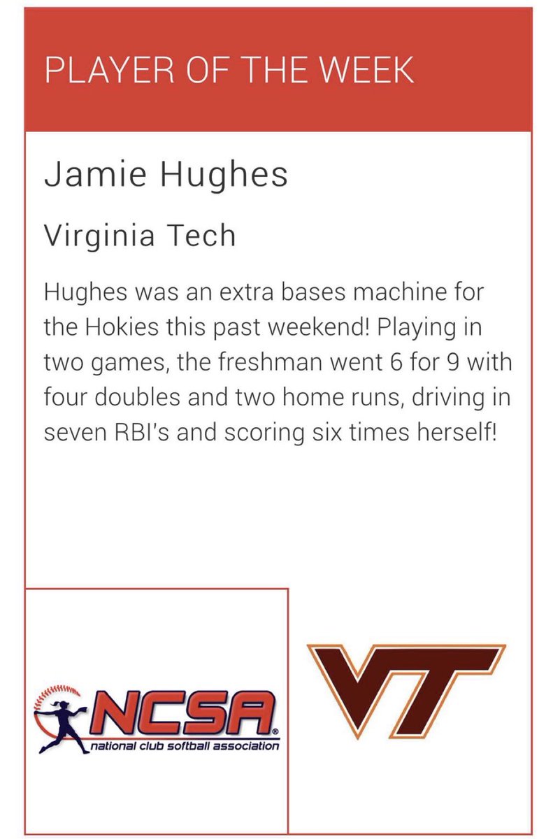 .<a href="/_jamielynne8/">Jamie Hughes</a> is the National Club Softball Association Player of the Week! Huge congrats to my sister Jamie and the entire <a href="/vt_clubsoftball/">VT Club Softball</a> squad on a big weekend 🥎