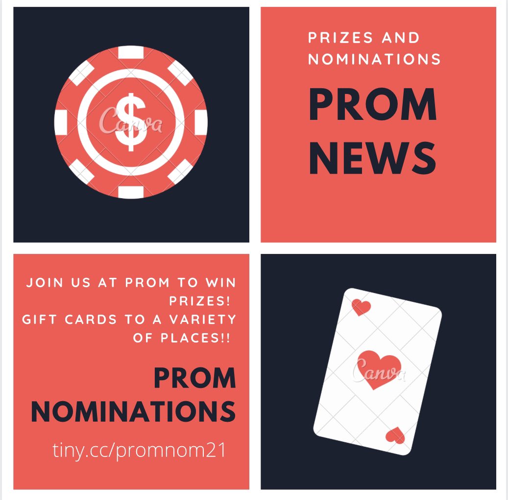 Attention seniors!! Prom is next weekend! You can now nominate for your Class of 21 King and Queen! At prom we will also have prizes that are gambled off! There will be gift cards to different places!! MAKE SURE TO GET YOUR PROM TICKETS! 🥳