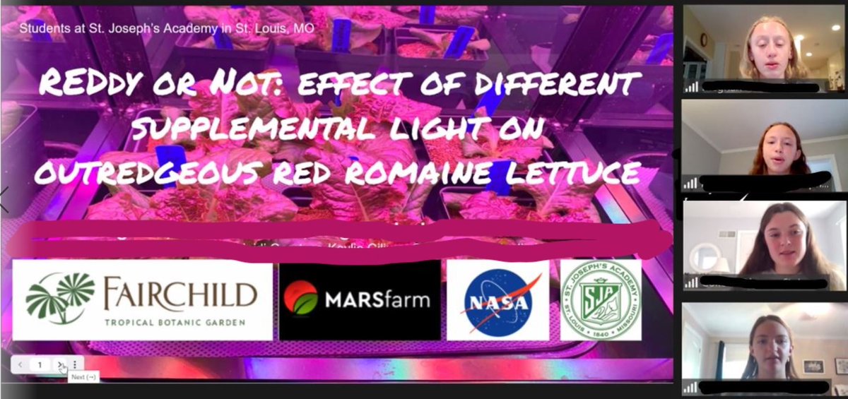 StJoeAngels's tweet photo. Colleen D., Nina K., Johanna J. &amp; Meghan J. presented “Reddy or Not: Effect of Different Supplemental Light on Outredeous Red Romaine Lettuce” at the “Growing Beyond Earth: Student Research Symposium!”  @FairchildGarden @nasa #GoAngels #STEM #IntellectualDistinction @getMARSfarm https://t.co/UqaJn5qept