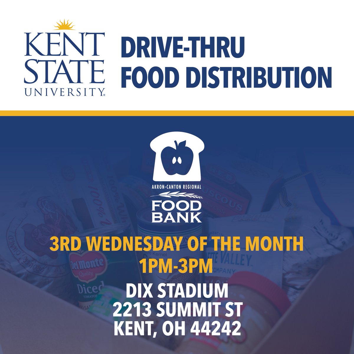 The next drive-through food distribution event hosted by Kent State and the <a href="/ACRFoodbank/">Akron-Canton Regional Foodbank</a> will be happening from 1-3 p.m. today, Wednesday, April 21 at Dix Stadium. Resources are free and open to anyone. Learn more: ow.ly/B9BK50EufpM