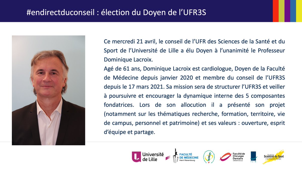 UFR des Sciences de Santé et du Sport (UFR3S) (@ufr3s_ulille) on Twitter photo 🗳️Le Professeur Dominique Lacroix vient d'être élu à l'unanimité Doyen de l'UFR des Sciences de la Santé et du Sport de l'<a href="/univ_lille/">Université de Lille</a> !
@medecine_Ulille <a href="/Pharma_ULille/">Faculté de Pharmacie de Lille - UFR3S</a> <a href="/Dentaire_ULille/">Faculté d'Odontologie de Lille - UFR3S</a> <a href="/ILIS_officiel/">ILIS Officiel</a> <a href="/StapsUdl/">Staps_ULille</a> 🗳️Le Professeur Dominique Lacroix vient d'être élu à l'unanimité Doyen de l'UFR des Sciences de la Santé et du Sport de l'<a href="/univ_lille/">Université de Lille</a> !
@medecine_Ulille <a href="/Pharma_ULille/">Faculté de Pharmacie de Lille - UFR3S</a> <a href="/Dentaire_ULille/">Faculté d'Odontologie de Lille - UFR3S</a> <a href="/ILIS_officiel/">ILIS Officiel</a> <a href="/StapsUdl/">Staps_ULille</a>
