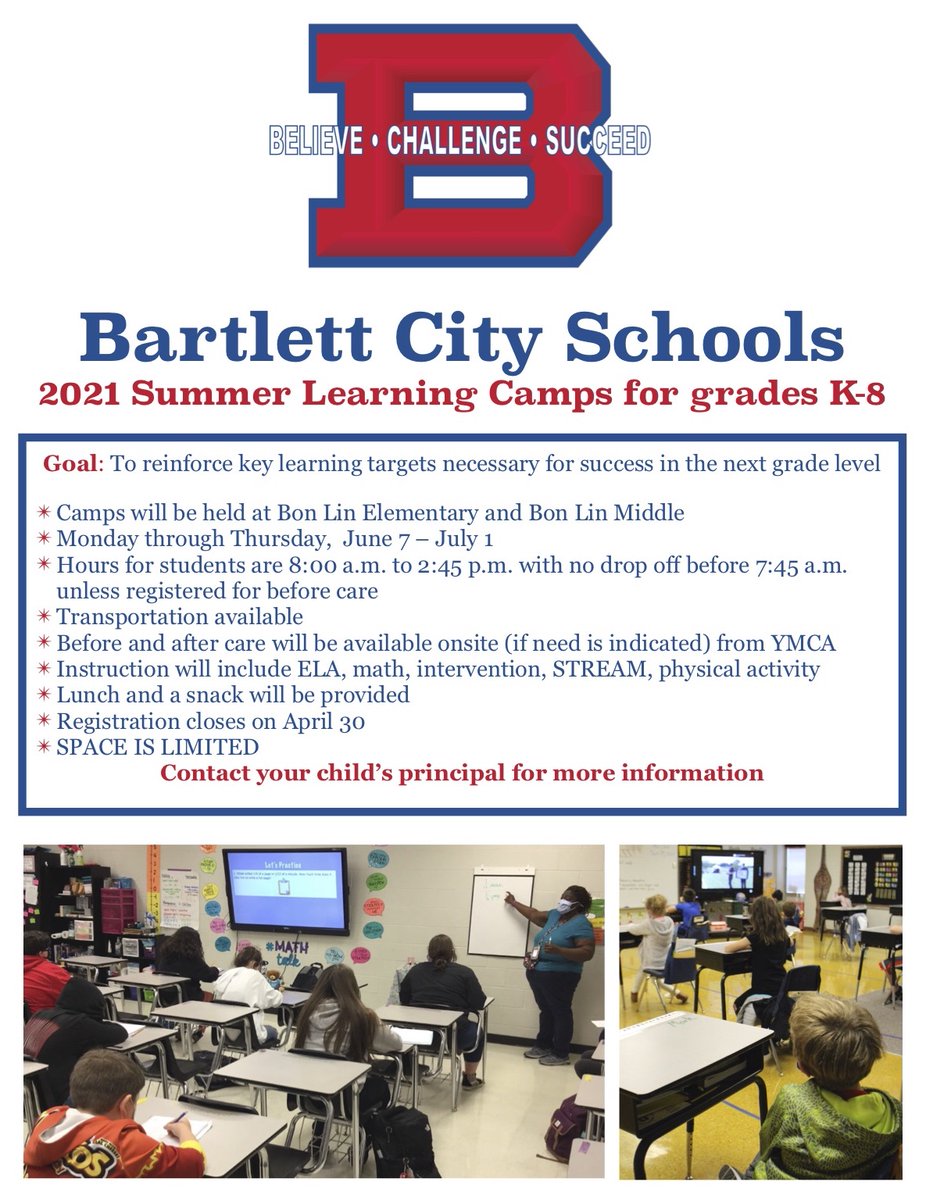 BartlettSchools's tweet photo. BCS will be offering Summer Learning Camps for grades K-8. These camps are aimed at reinforcing key learning targets necessary for success in the next grade level. Some of the instruction offered will include: ELA, math, &amp;STREAM. Register by April 30. Info https://t.co/bDiGlgMtSU https://t.co/8TWKUbXUlb