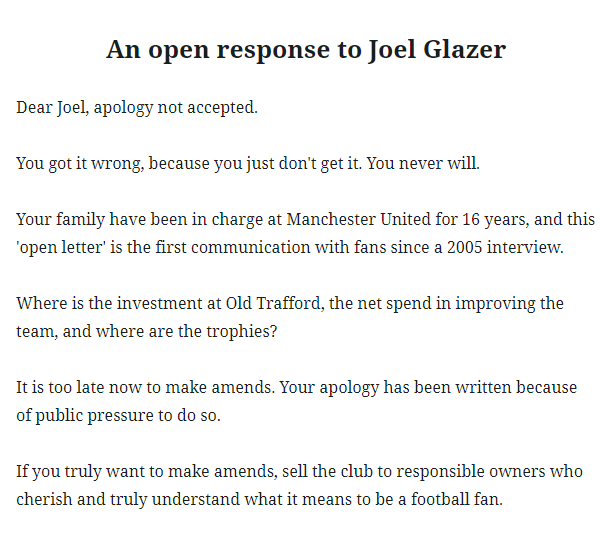 An open response to Joel Glazer's open letter

#GlazersOut