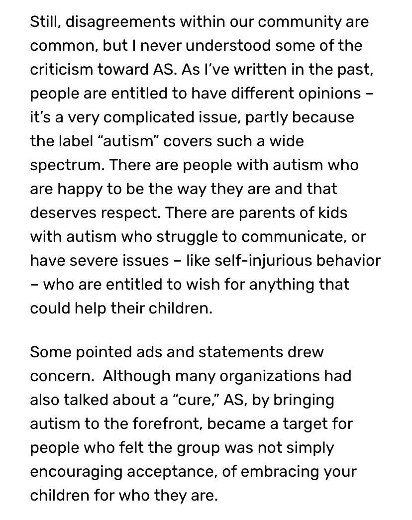 In that same article, when talking about a “cure” for autism, Robert Smigel writes: “There are parents of kids with autism who struggle to communicate, or have severe issues – like self-injurious behavior – who are entitled to wish for anything that could help their children.”