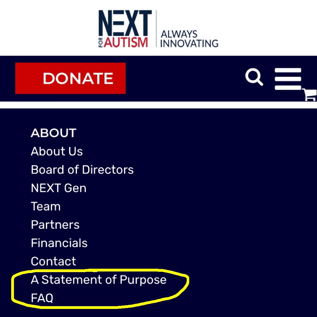 First, NEXT added “Statement of Purpose” and “FAQ” tabs to their About section. I was surprised to see that they didn’t have an FAQ section at all before they faced backlash for their association with CFADB and promotion of ABA therapy.