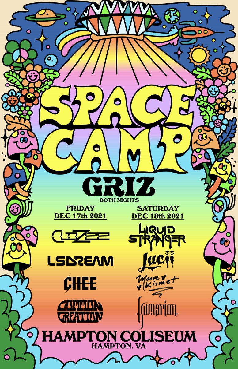 Griz's tweet image. ANNOUNCING: 🛸⛺️SPACE CAMP 🛸⛺️A two-day adventure at Hampton Coliseum!! Limited pre-sale tix begins today at 1pm eastern. General on sale Friday 11am eastern. Tag your crew!! We're gettin the spaceship ready...who’s comin' with us?! 

Presale tix here: griz.lnk.to/spacecamp