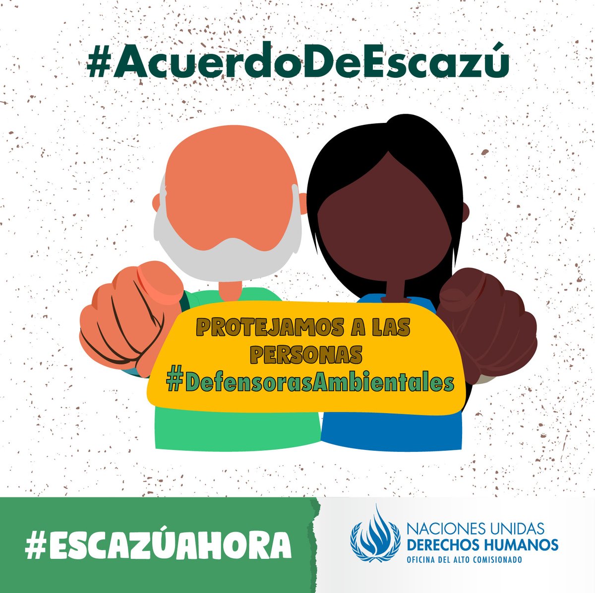 Ilustración en colores de dos personas, un hombre y una mujer. En texto: "Protejamos a las personas defensoras ambientales"