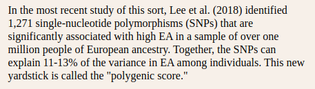 There are some minor things before the meat of the post. For example, the 1,271 DNA variants he mentions are not the ones that account for 11-13% of variation, rather that is when many thousands of variants are added together into a polygenic score