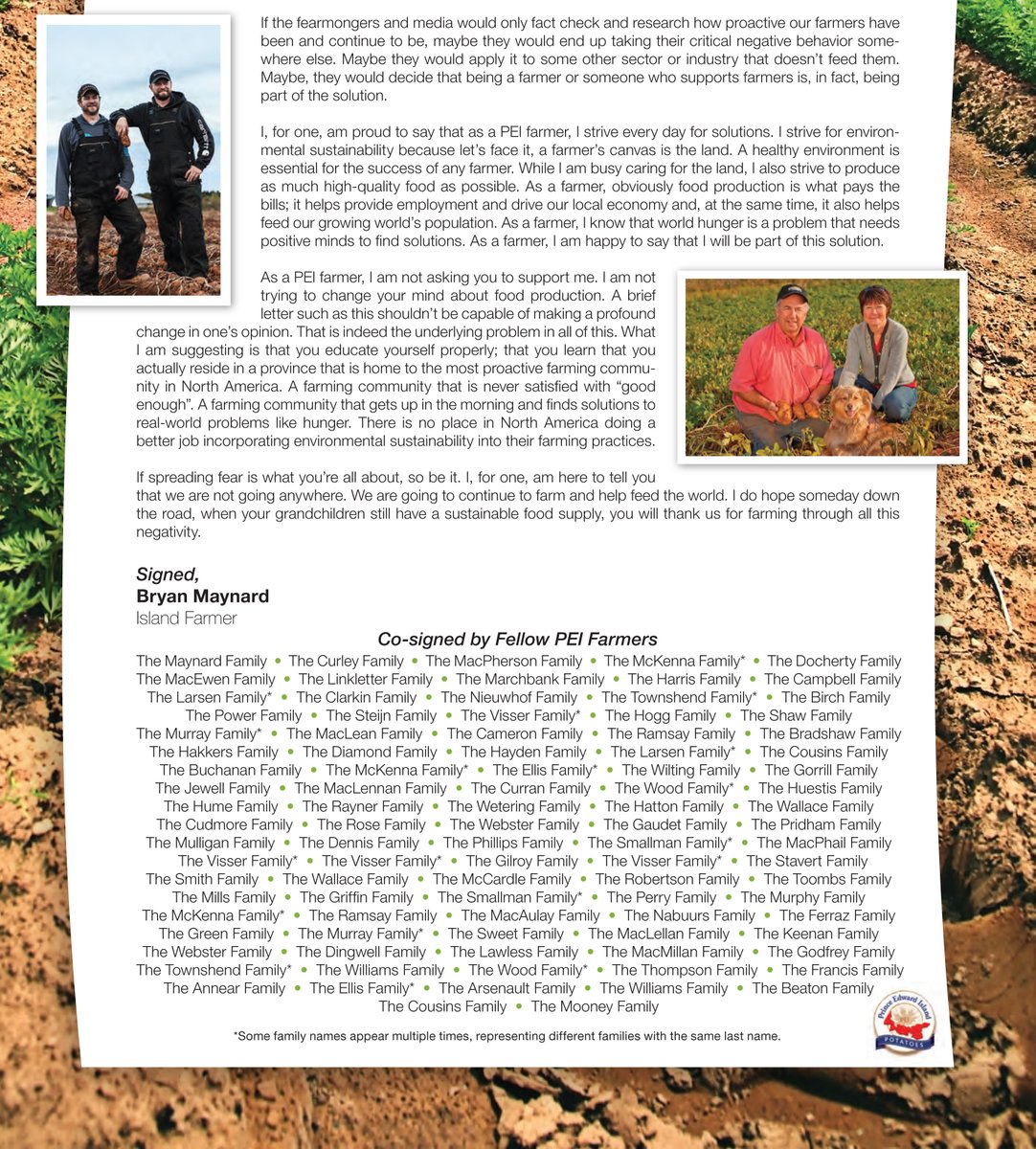 PEI Potato Board (@peipotatoboard) on Twitter photo A terrific letter by Bryan Maynard of Farmboys Inc. on positivity versus negativity and how farmers are portrayed in public discourse in PEI, co-signed by a number of Island farm families. This appeared in the April 21, 2021 edition of the <a href="/PEIGuardian/">The Guardian</a> A terrific letter by Bryan Maynard of Farmboys Inc. on positivity versus negativity and how farmers are portrayed in public discourse in PEI, co-signed by a number of Island farm families. This appeared in the April 21, 2021 edition of the <a href="/PEIGuardian/">The Guardian</a>