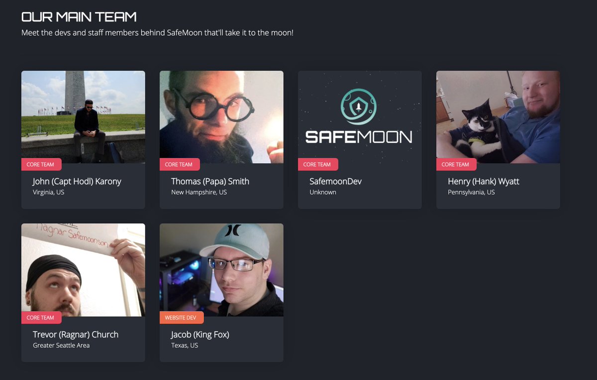 2) Team - There are 6 members, one unknown profile and one profile has a broken link. Another huge red flag. Not one of  #safemoon team members has a strong background in crypto / blockchain. Another huge red flag.