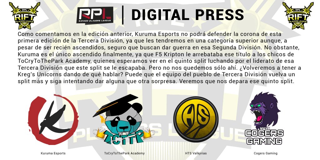 RankedPlayers's tweet image. El cuarto split finalizó la semana pasada y con ello tenemos la última edición de #DigitalPress en este split con las finales de #MasterRift, #RiftPrimera, #RiftSegunda y #RiftTercera.

¿Quieres que tú equipo también aparezca en portada? Inscríbete al próximo split. 😉