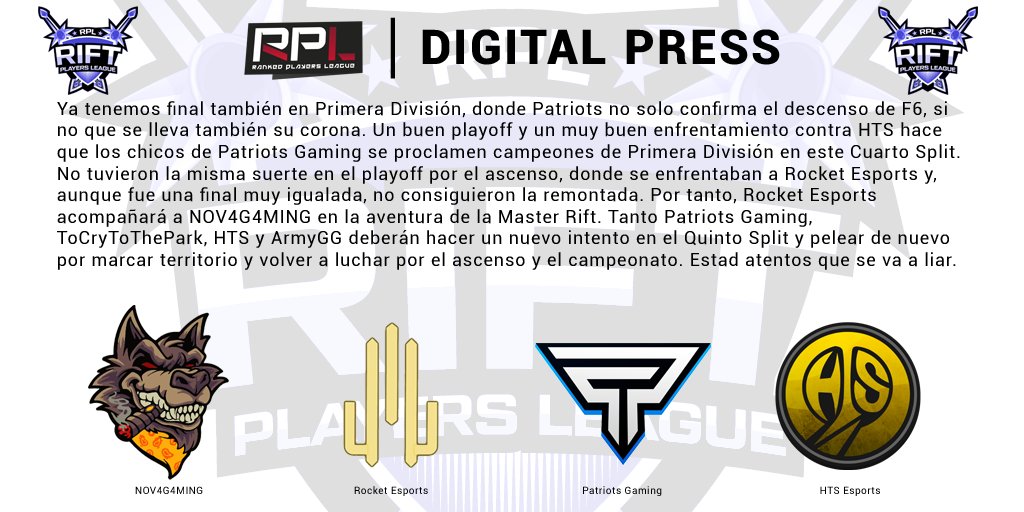 RankedPlayers's tweet image. El cuarto split finalizó la semana pasada y con ello tenemos la última edición de #DigitalPress en este split con las finales de #MasterRift, #RiftPrimera, #RiftSegunda y #RiftTercera.

¿Quieres que tú equipo también aparezca en portada? Inscríbete al próximo split. 😉