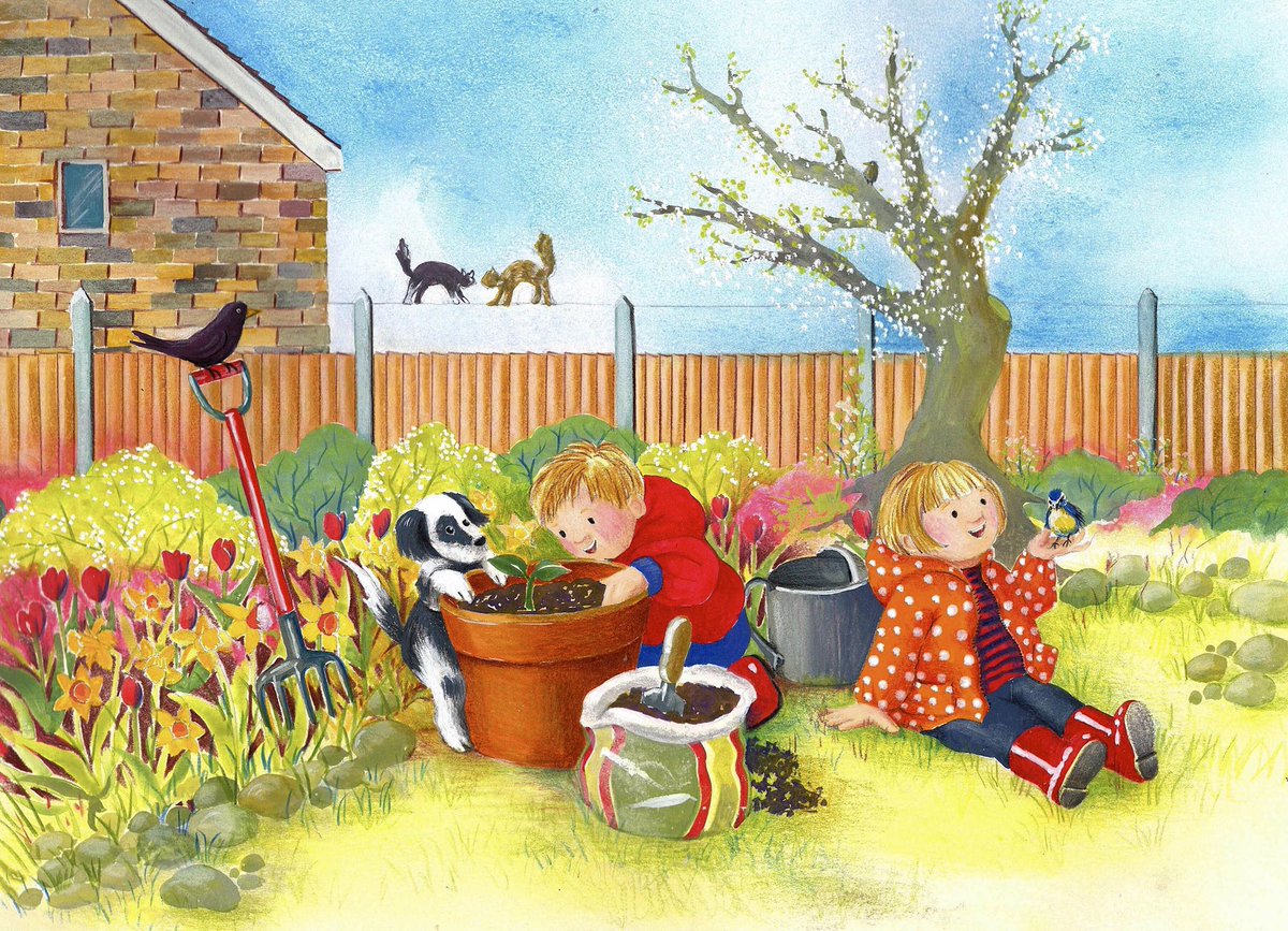 GatesGates01's tweet photo. Gardening today, it’s a little cool, but the daffodils and tulips are out and the cats are getting to know each other #garden #spring #daffodils #tulips #blackbird #blossom #digging #planting #compost #cats #bluetit #childrensbookillustrations #drawing #pencilart #imagination https://t.co/6aZQaOCZe9