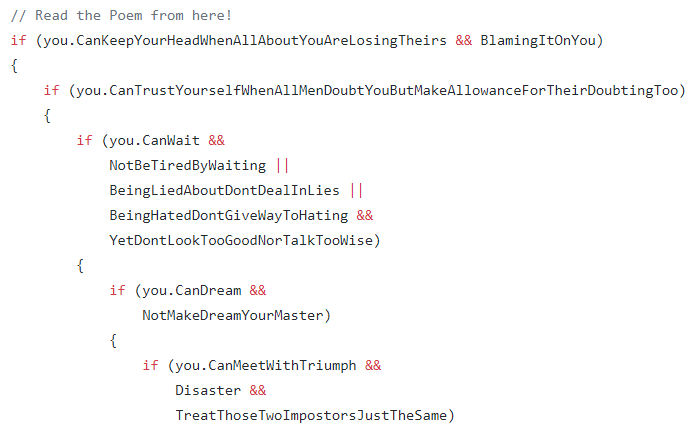 BobBilsland's tweet image. I&apos;ve been inspired! Enjoy 🤓
Full code found here: github.com/RBilsland/Rudy… #RudyardKipling #If #CodeAsArt #ArtAsCode