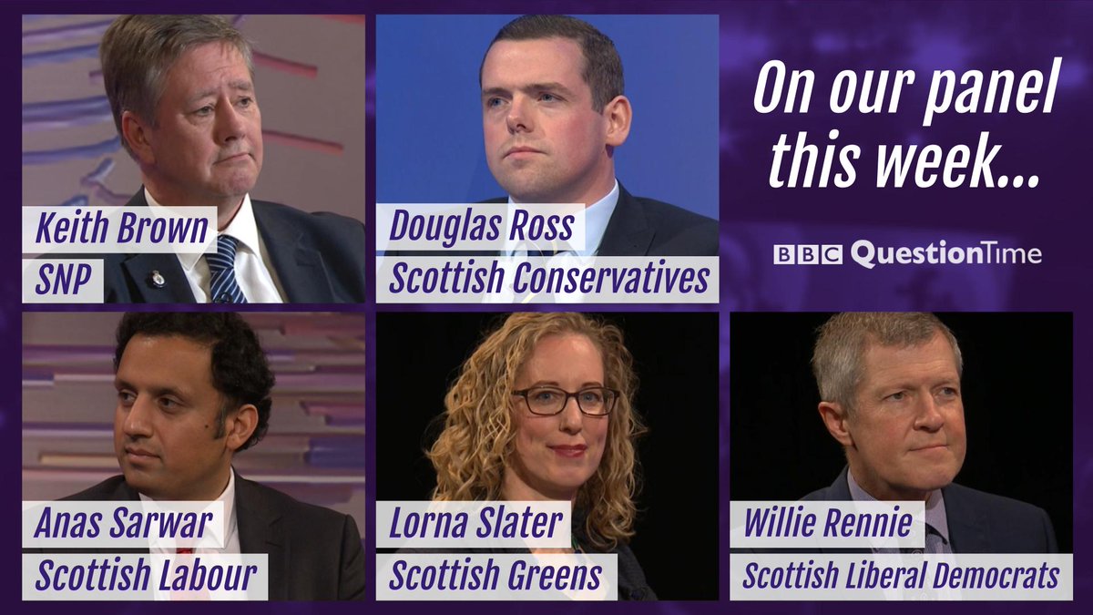 On the Question Time panel tomorrow, Fiona is joined by  @KeithBrownSNP,  @Douglas4Moray,  @AnasSarwar,  @lornaslater and  @willie_rennie.With a virtual audience from Edinburgh, join us tomorrow at 10:45pm on  @BBCOne.  #bbcqt