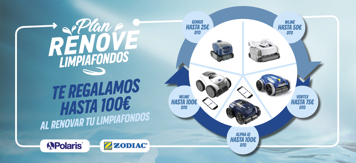 Nos complace comunicarle el lanzamiento del Plan Renove de limpiafondos, válido hasta el 31 de mayo. Podrá beneficiarse de descuentos de hasta 100€ al renovar su viejo robot.