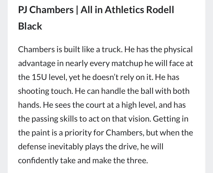 <a href="/pjchambers2024/">PJ Chambers</a> 6’0” Freshmen Guard from <a href="/DePaulPrepMBB/">DePaul Prep MBB</a> was listed on <a href="/PHCircuit/">Prep Hoops Circuit 🏀</a> top 15u guard prospects due to his play from Chi Town Tip Off!!! 

Big time prospect on a loaded 15u undefeated Rodell Black team!

<a href="/aiathletics/">ALL IN Athletics</a>  <a href="/AIA_BILLY/">Billy Welcome</a>