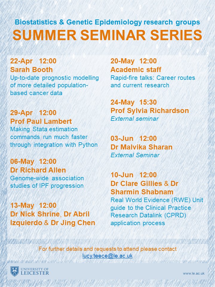 Biostatistics: Uni of Leicester (@uol_biostats) on Twitter photo 🎉Our Epi/Stats Summer Seminar Series kicks off today at 12:00🎇
We're starting with an #InternalSeminar from <a href="/sarahbooth321/">Sarah Booth</a>, who will be presenting her PhD work on "Up-to-date prognostic modelling of more detailed population-based cancer data"🔮♋📈
#Prognostic #CancerResearch 🎉Our Epi/Stats Summer Seminar Series kicks off today at 12:00🎇
We're starting with an #InternalSeminar from <a href="/sarahbooth321/">Sarah Booth</a>, who will be presenting her PhD work on "Up-to-date prognostic modelling of more detailed population-based cancer data"🔮♋📈
#Prognostic #CancerResearch