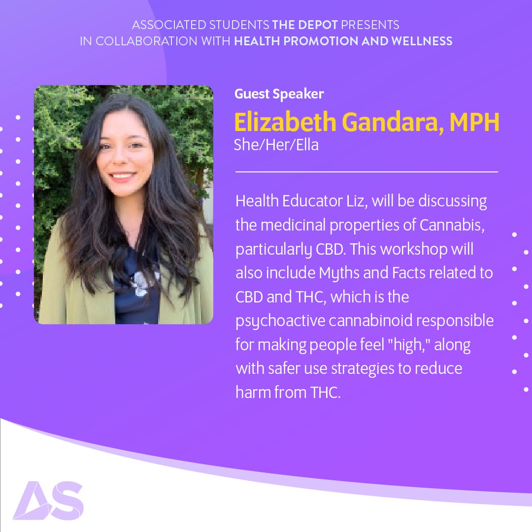 Join us TODAY for #WellnessWednesday, where HPW health educator Elizabeth Gandara (<a href="/sfstatecares/">Health Promotion & Wellness</a>), will be diving into the world of Cannabis, Wellness Myth and Facts! 💛🌱💜

Sign-up link: zoom.us/meeting/regist…