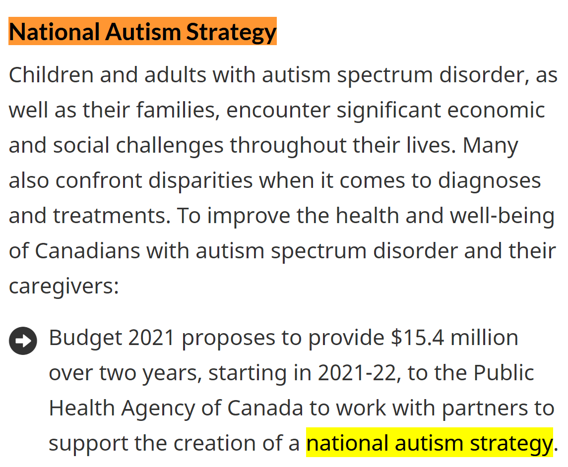 The $15.4M announced in #Budget2021 includes a new $7M towards developing a National Autism Strategy. 

With the experience of a global pandemic highlighting major gaps in supports for Autistic Canadians, a robust #NationalAutismStrategy is needed now more than ever.