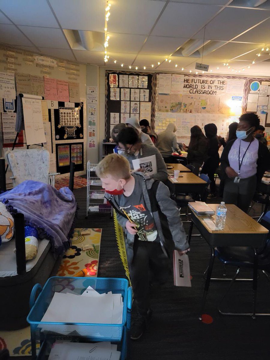 CE_Cougars's tweet photo. 5th grade has been reading Westing Game. Today, they participated in a crime scene from the book. Students were very engaged! @Mrs_Croft_5th https://t.co/tYZvqJbjgM