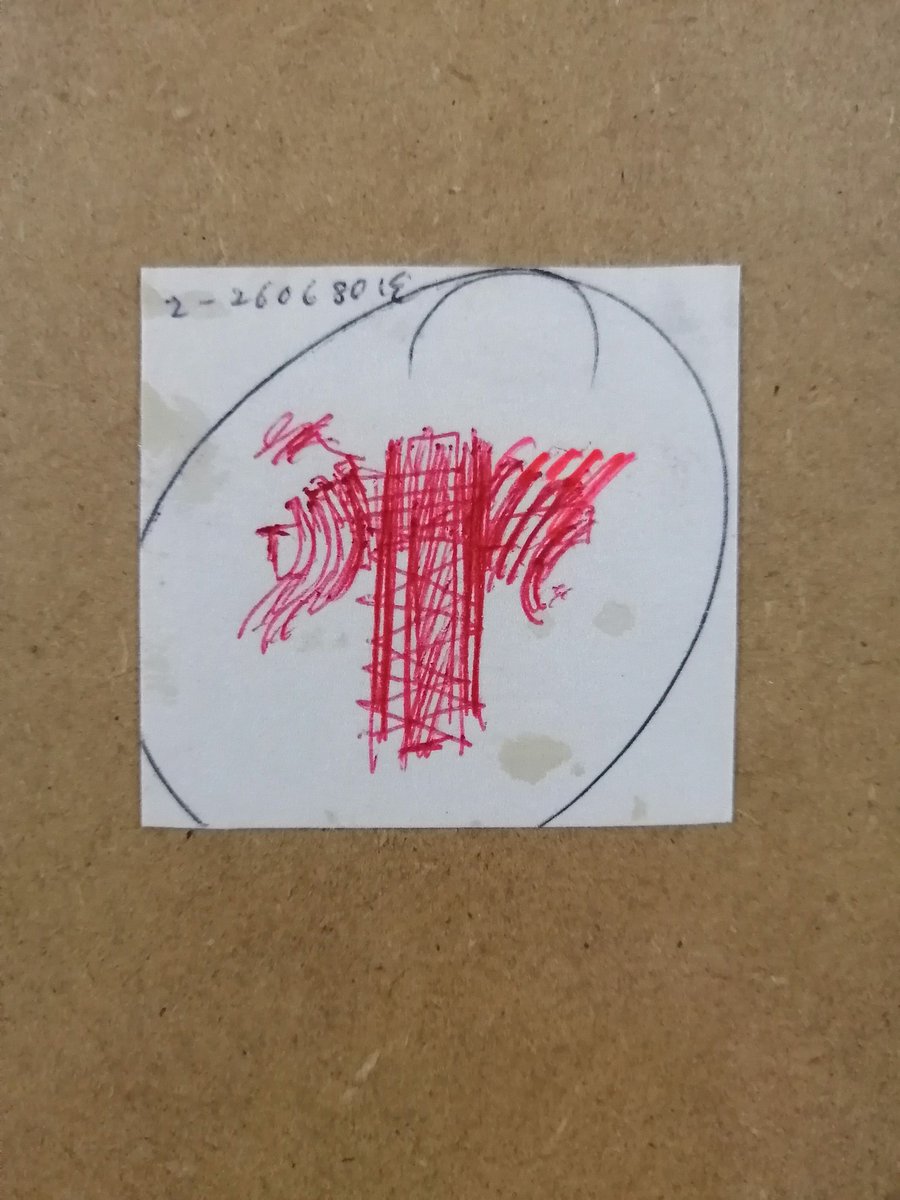 1980 1枚目 4.8×5.2cm 紙に赤と黒     
   のボールペン、色鉛筆(?)           
    2枚目 35×25cm 紙に鉛筆
    3枚目と4枚目 B4コピー用紙に白黒コピーしたものにアクリル絵具、色鉛筆

前回の作品を更に展開した変形パネル作品の為のドローイングです。 