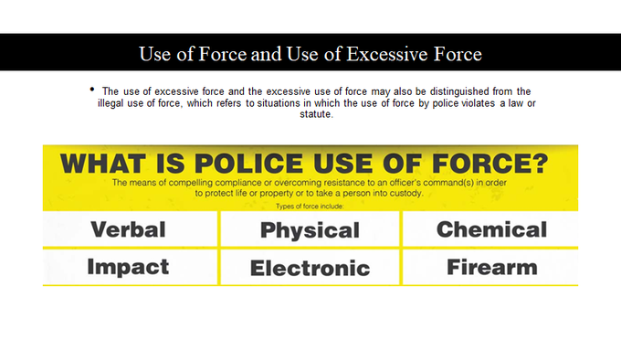 The use of excessive force and the excessive use of force may also be distinguished from the illegal use of force, which refers to situations in which the use of force by police violates a law or statute #CRJ201  #MoraineValley  #CRJ201UoF  #PoliceFoundation